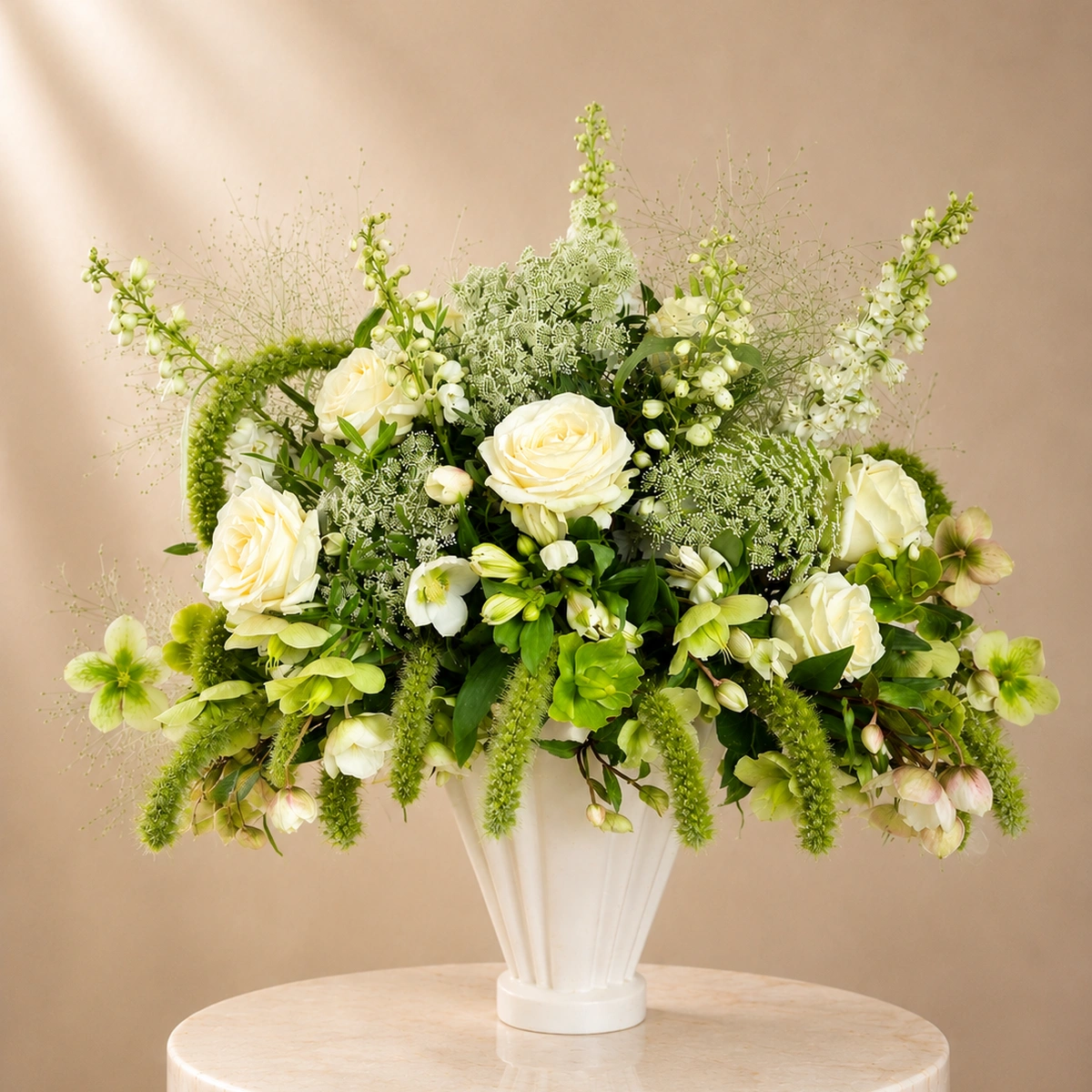 Refined white and green floral arrangement for a business interior by Bloomsmith