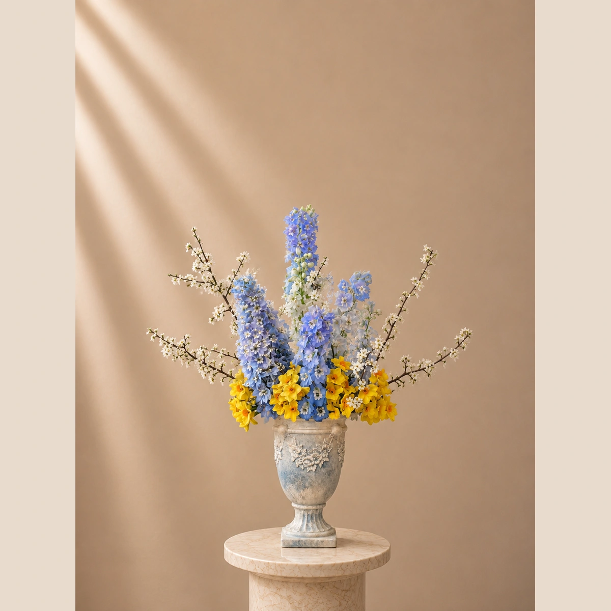 Blue and yellow spring floral arrangement in a classical pedestal vase