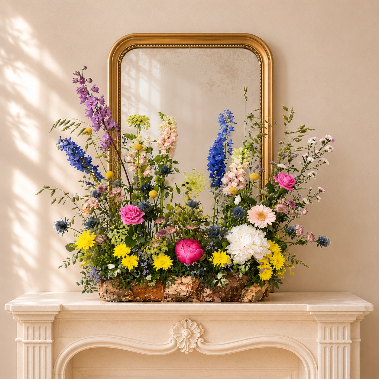 Statement mantelpiece floral installation with colourful seasonal flowers and mirror