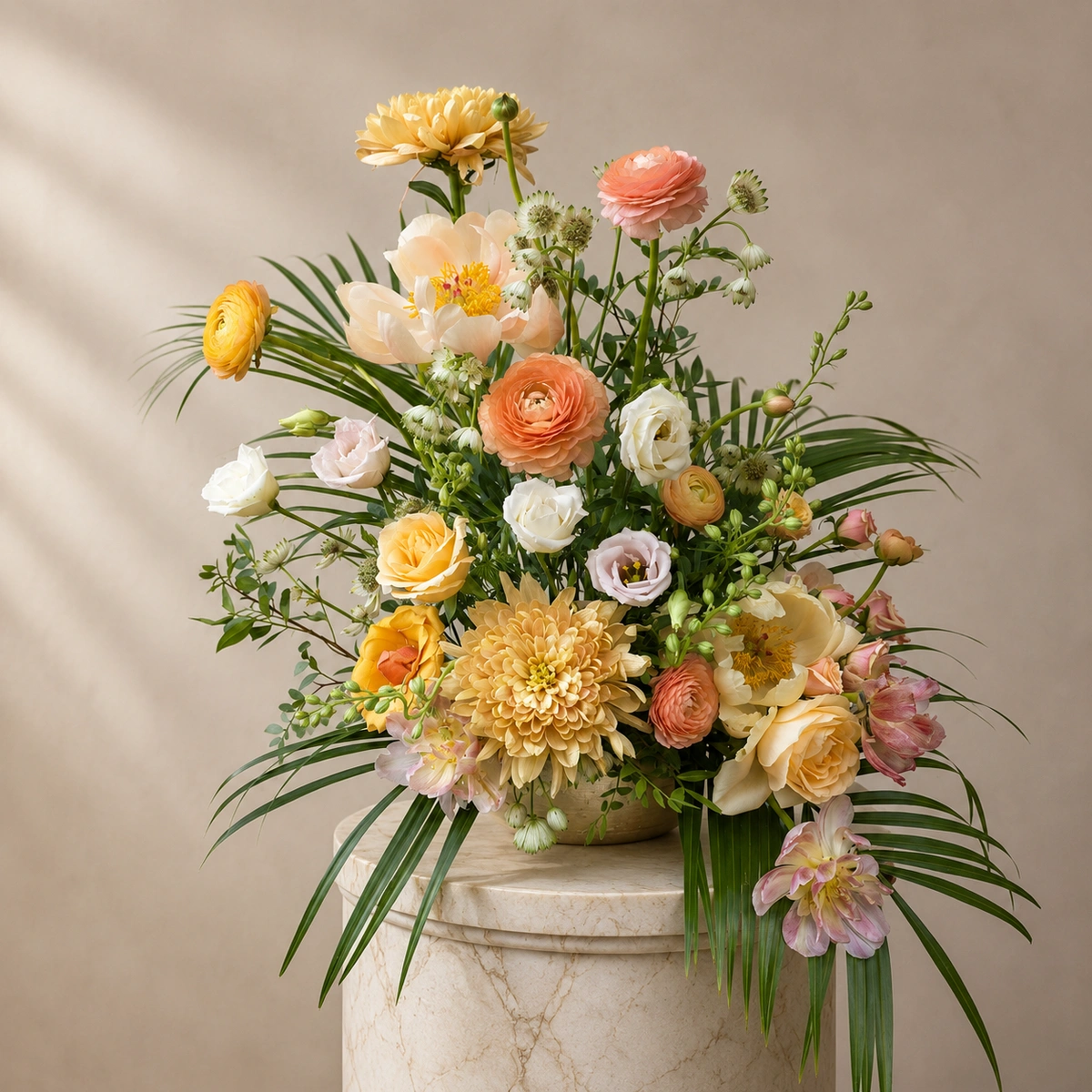 Peach and cream statement floral arrangement with palm foliage on a marble plinth